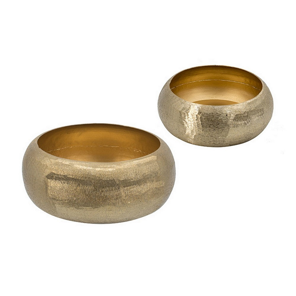 2 Piece Rounded Decorative Bowls Gold Metal Hammered Texture Wide Ingress By Casagear Home BM302554