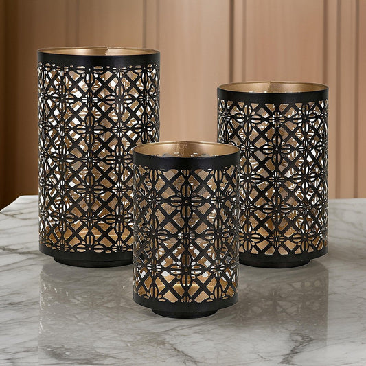 Set of 3 Rounded Iron Candle Holder Lanterns, Matte Black Gold Latticework By Casagear Home