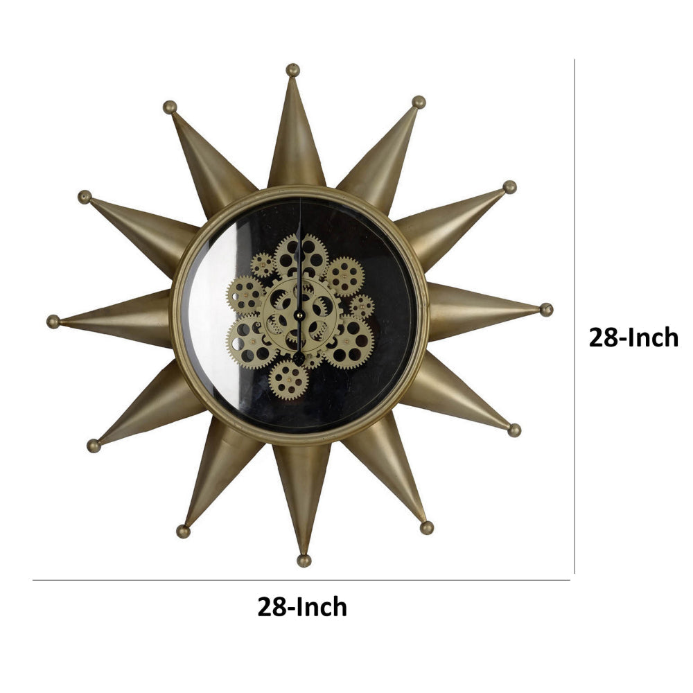 28 Inch Round Wall Clock Sun Shaped Frame Rich Brown Bold Jet Black By Casagear Home BM302626