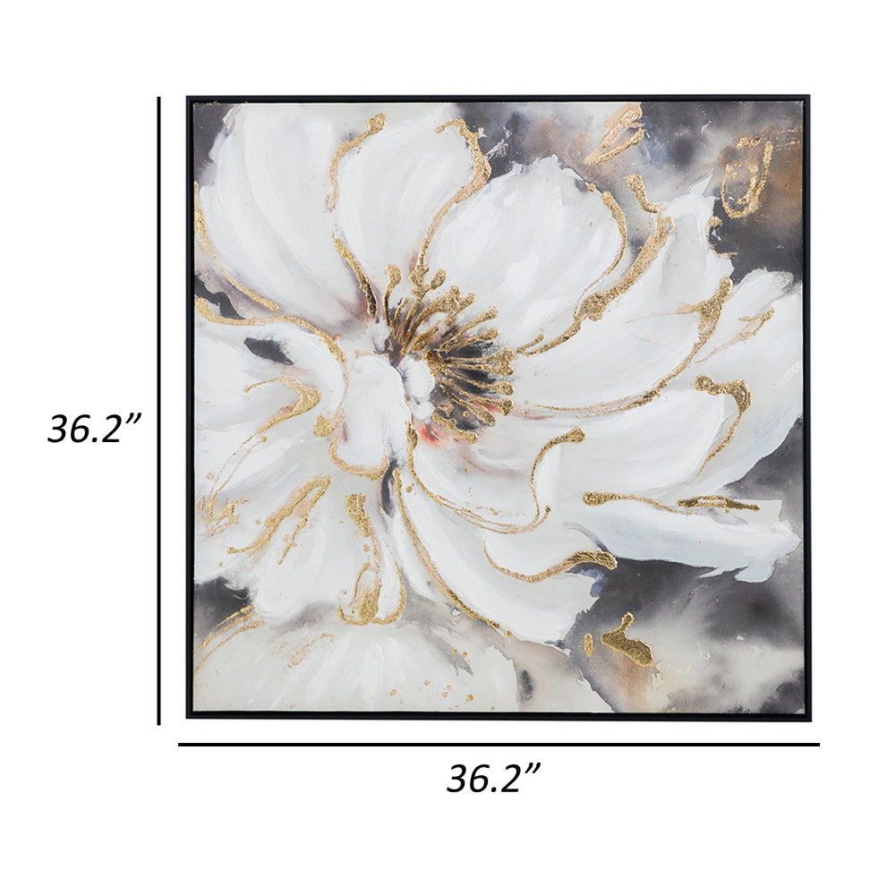 36 x 36 Inch Framed Wall Art Floral Oil Painting On Canvas White Gold By Casagear Home BM302654