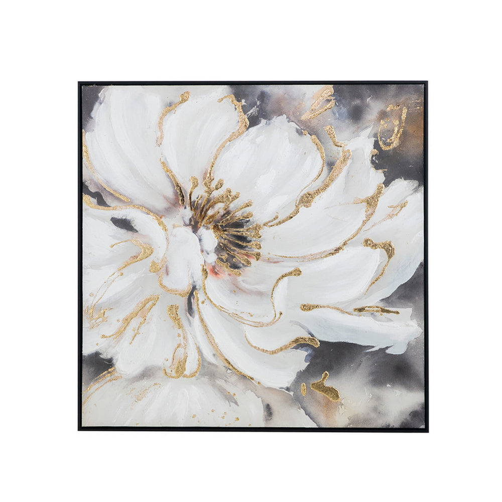 36 x 36 Inch Framed Wall Art, Floral Oil Painting On Canvas, White Gold By Casagear Home