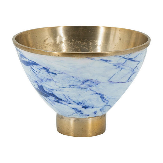 10 Inch Decorative Bowl, Brushed Gold, Marble Inspired Blue, Aluminum By Casagear Home