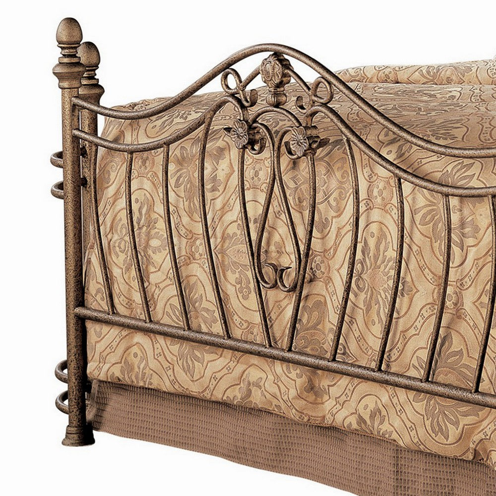 Kish King Metal Bed Swirling Floral Motifs Acorn Finials Antique Gold By Casagear Home BM302748