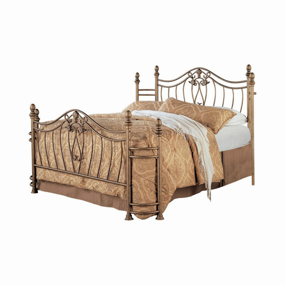 Kish King Metal Bed, Swirling Floral Motifs, Acorn Finials, Antique Gold By Casagear Home