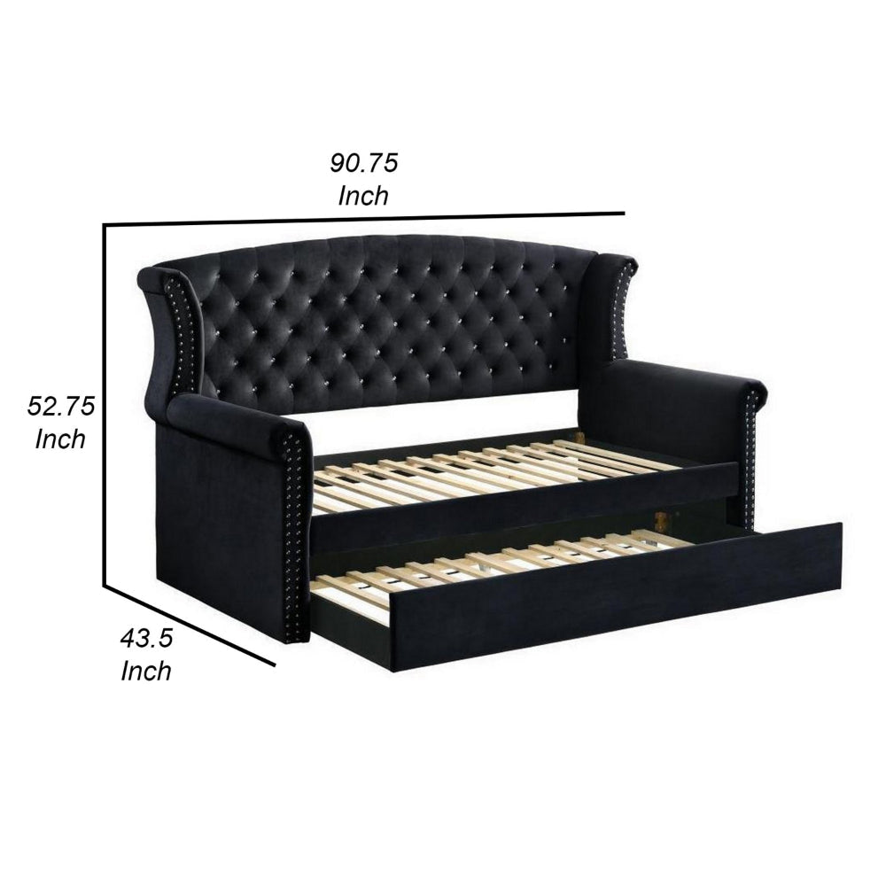 Fila Twin Daybed with Trundle Tufted Rolled Arms Black Velvet Upholstery By Casagear Home BM302752