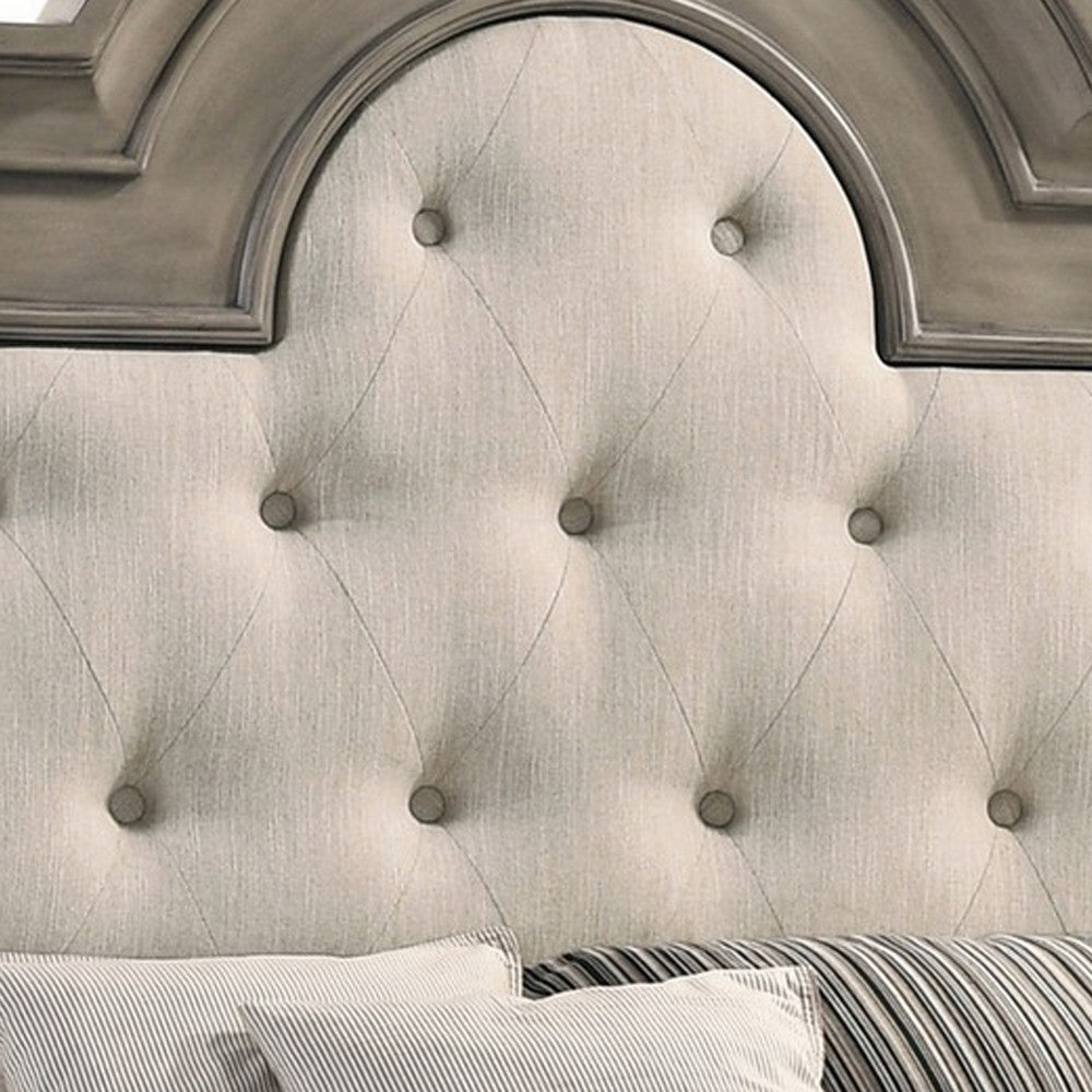 Bem King Size Bed Scalloped and Arched Headboard Cream Fabric Upholstery By Casagear Home BM302758