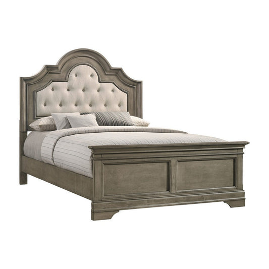 Bem King Size Bed, Scalloped and Arched Headboard, Cream Fabric Upholstery By Casagear Home