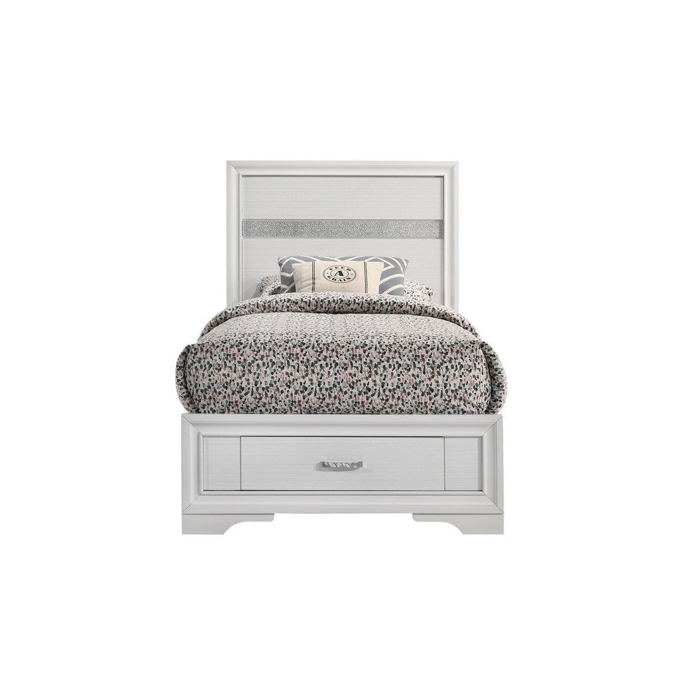 Vino Twin Size Panel Bed with 2 Storage Drawers Acrylic Glitter White By Casagear Home BM302768