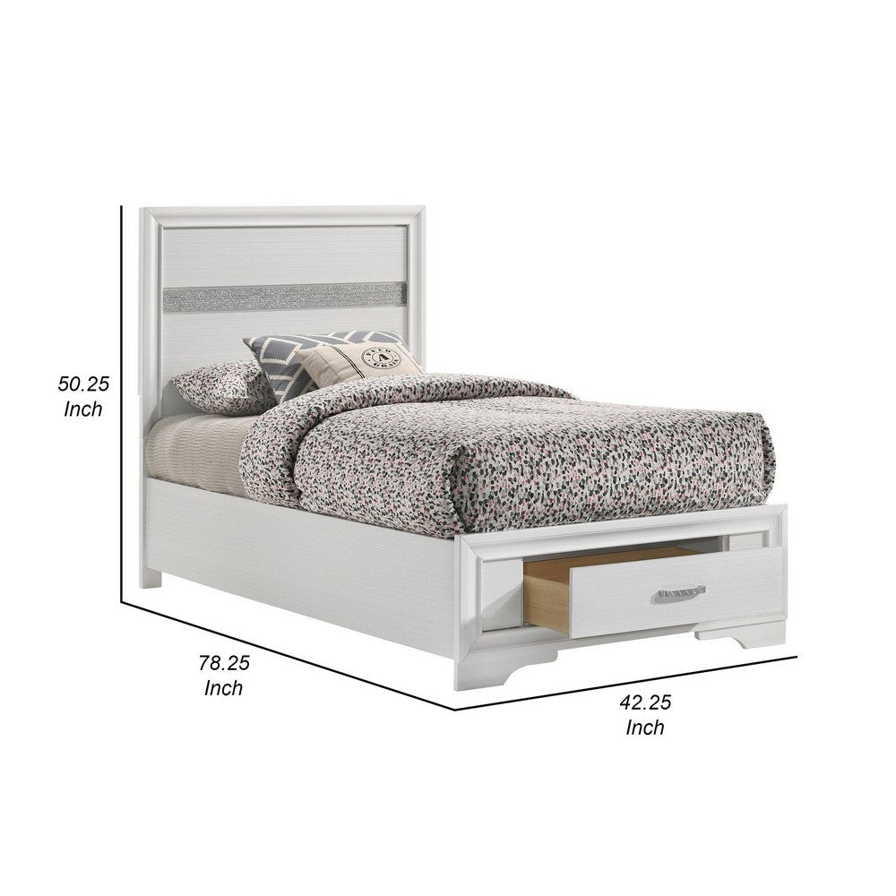 Vino Twin Size Panel Bed with 2 Storage Drawers Acrylic Glitter White By Casagear Home BM302768