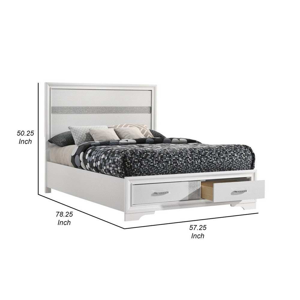 Vino Full Size Panel Bed with 2 Storage Drawers Acrylic Glitter White By Casagear Home BM302769