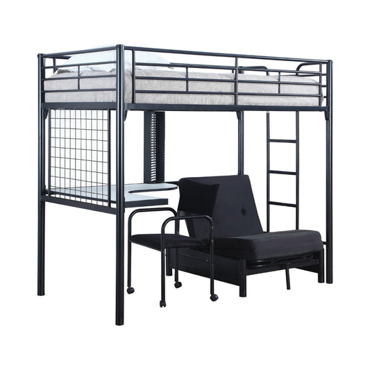 Twin Size Loft Bed with Workstation, Futon Frame, Desk Chair, Black Metal By Casagear Home