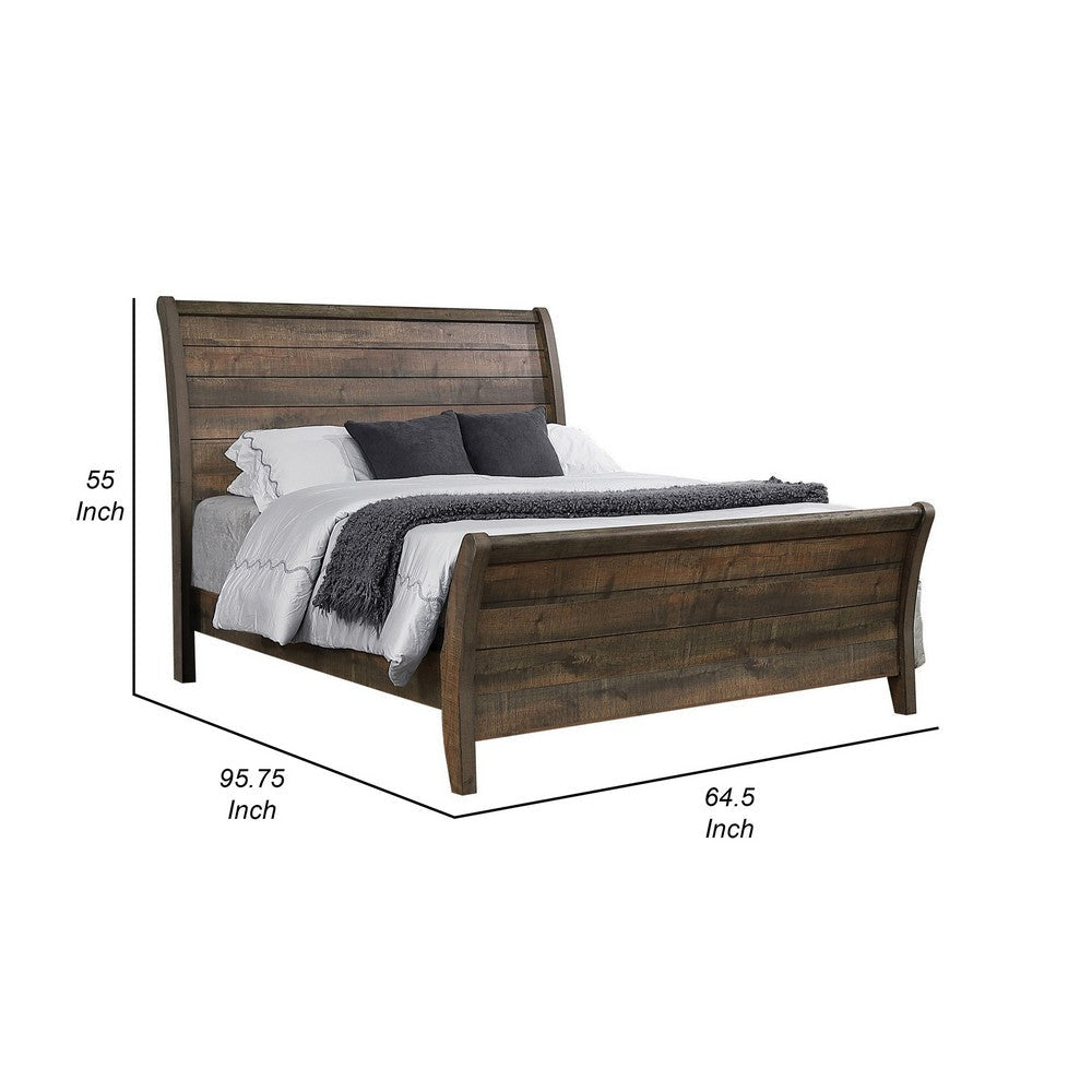 Que Wood Queen Size Bed with Curved Plank Sleigh Design Rustic Brown By Casagear Home BM302809