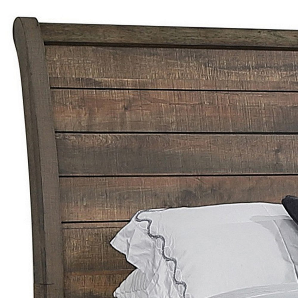 Que Wood King Size Bed with Curved Plank Sleigh Design Rustic Brown By Casagear Home BM302810