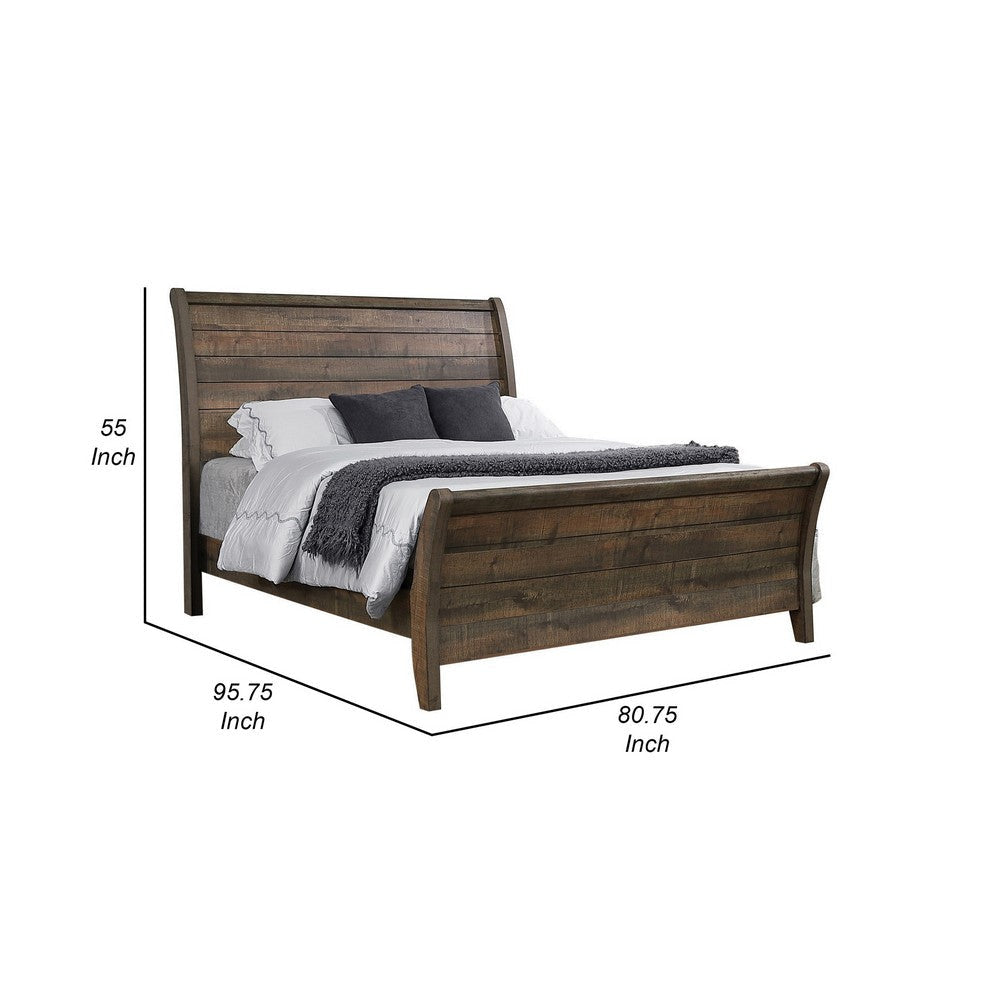 Que Wood King Size Bed with Curved Plank Sleigh Design Rustic Brown By Casagear Home BM302810