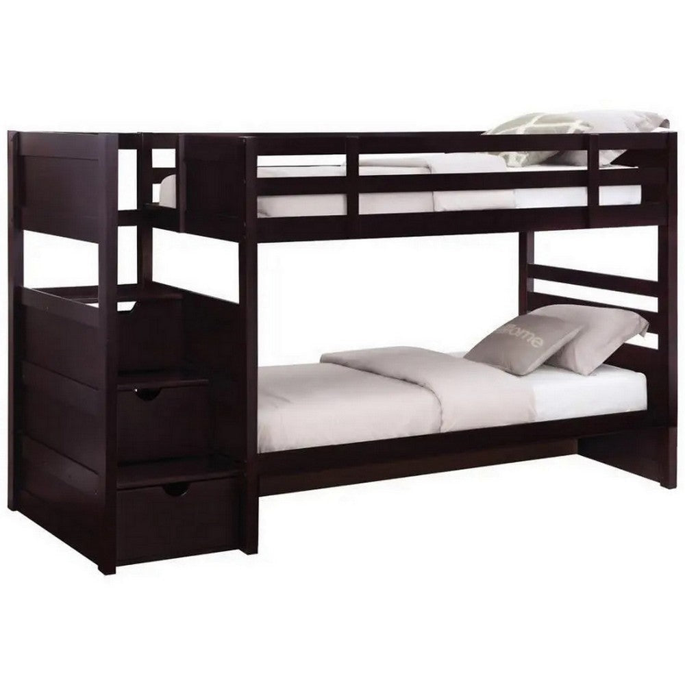 Twin Over Twin Bunk Bed with 3 Drawer Stairs, Guardrail, Espresso Brown By Casagear Home