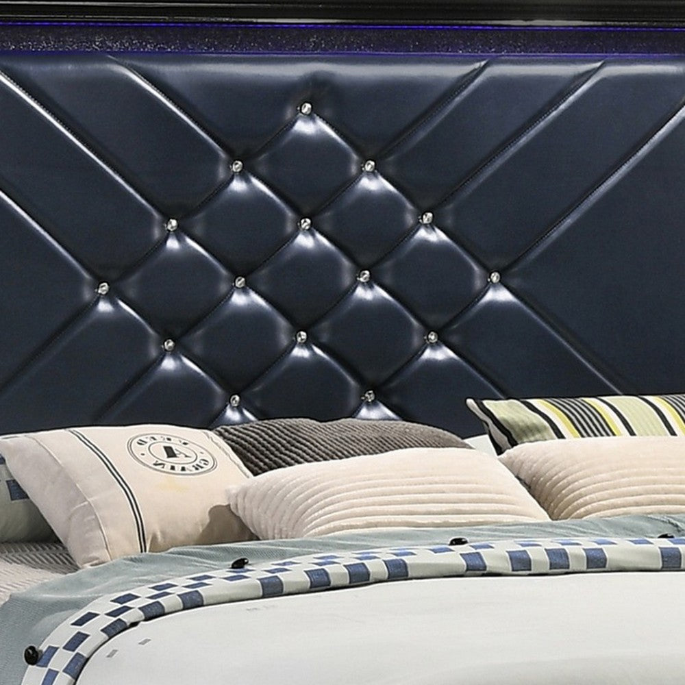 Vini King Bed LED Headboard Midnight Blue Faux Leather Upholstery Black By Casagear Home BM302834