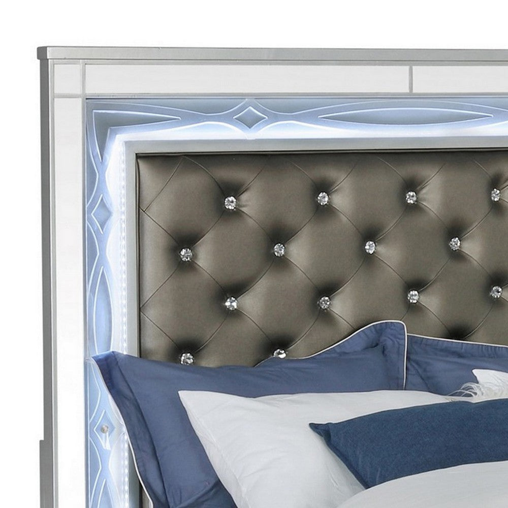 Gina Queen Panel Bed LED Headboard Gray Faux Leather Upholstery Silver By Casagear Home BM302836