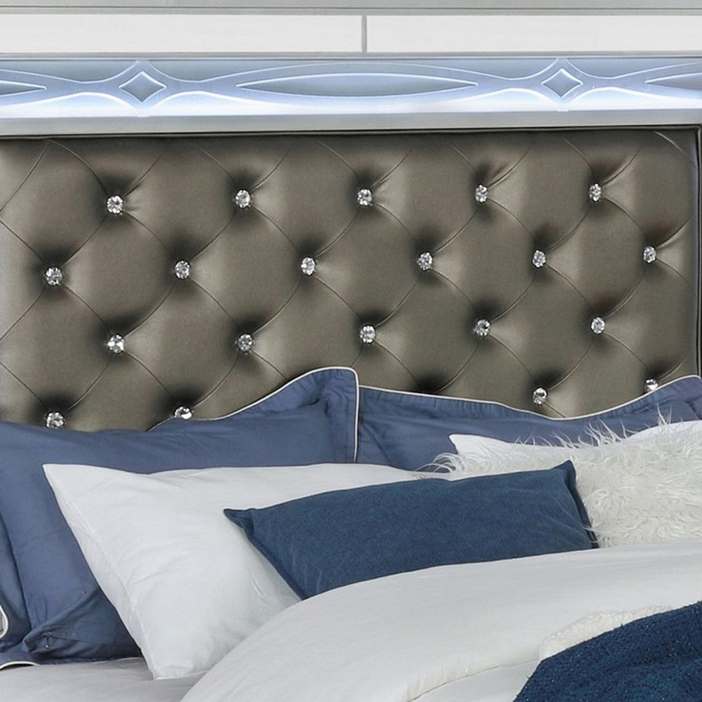 Gina Queen Panel Bed LED Headboard Gray Faux Leather Upholstery Silver By Casagear Home BM302836