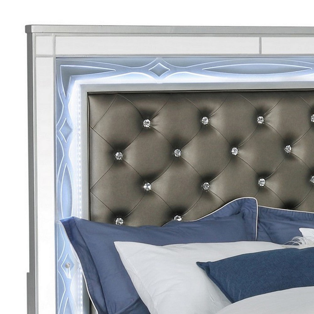 Gina California King Panel Bed LED Gray Faux Leather Upholstery Silver By Casagear Home BM302838