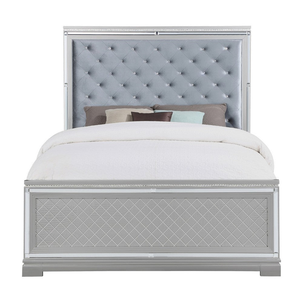 Axl King Size Bed Tufted Headboard Mirror Trim Silver Velvet Upholstery By Casagear Home BM302855