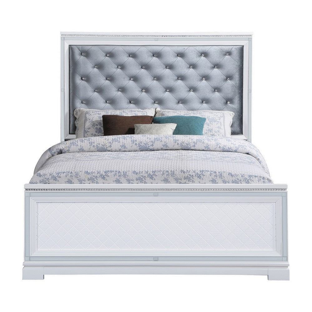 Axl Foam Queen Bed Tufted Headboard Silver Velvet Upholstery White Frame By Casagear Home BM302857