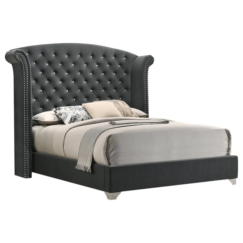 Giya Wingback King Bed, Tufted Headboard, Nailed Gray Velvet Upholstery By Casagear Home