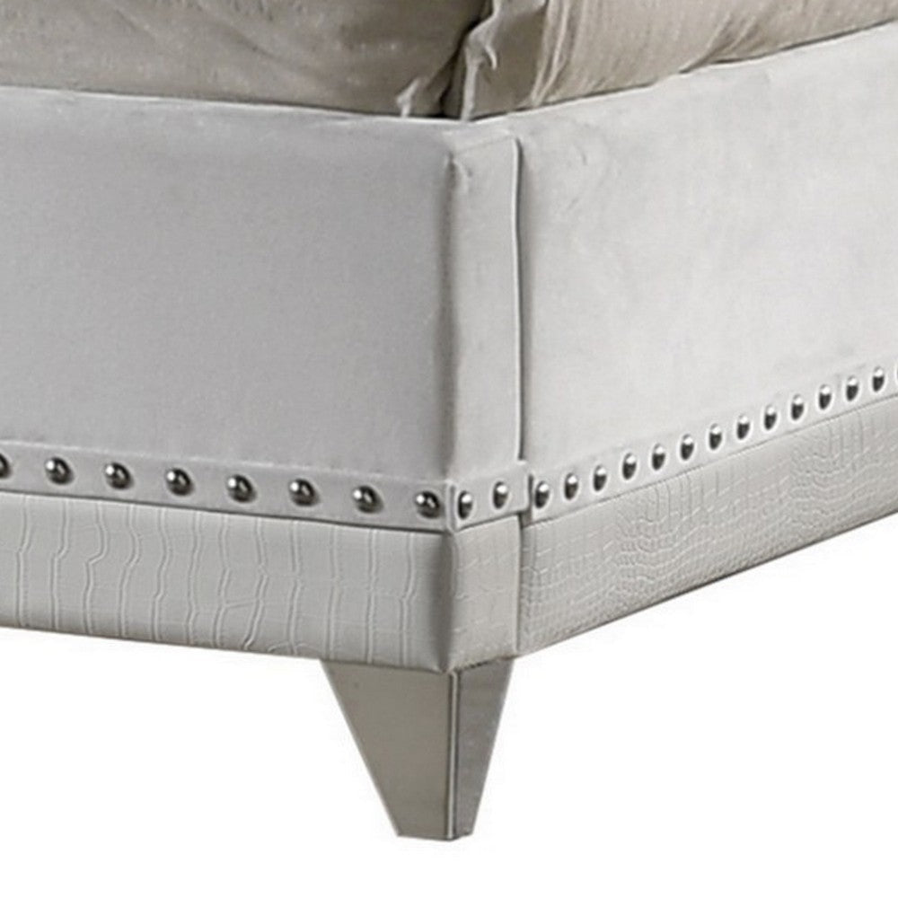 Dini Wingback Queen Bed Crystal Button Tufting White Velvet Upholstery By Casagear Home BM302873