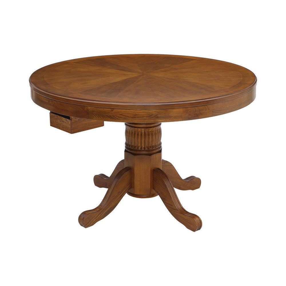 47 Inch Round Poker, Game, Dining Table, Cup Holders, Chip Trays, Oak Brown By Casagear Home