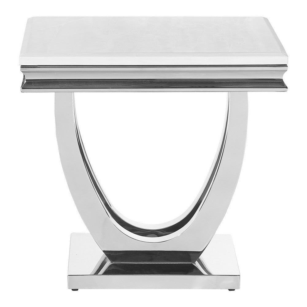 Kas 24 Inch Square End Table White Stone Top Polished Chrome Flush Base By Casagear Home BM303144