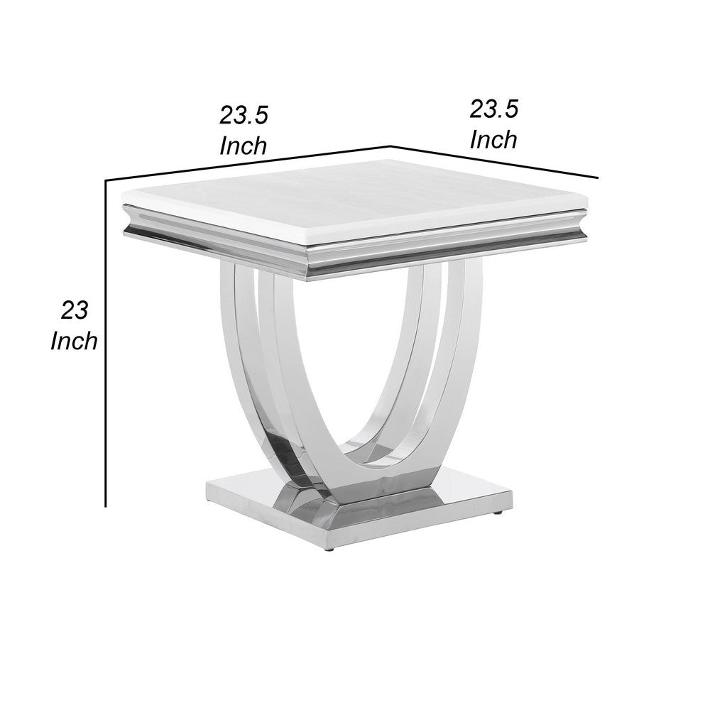 Kas 24 Inch Square End Table White Stone Top Polished Chrome Flush Base By Casagear Home BM303144