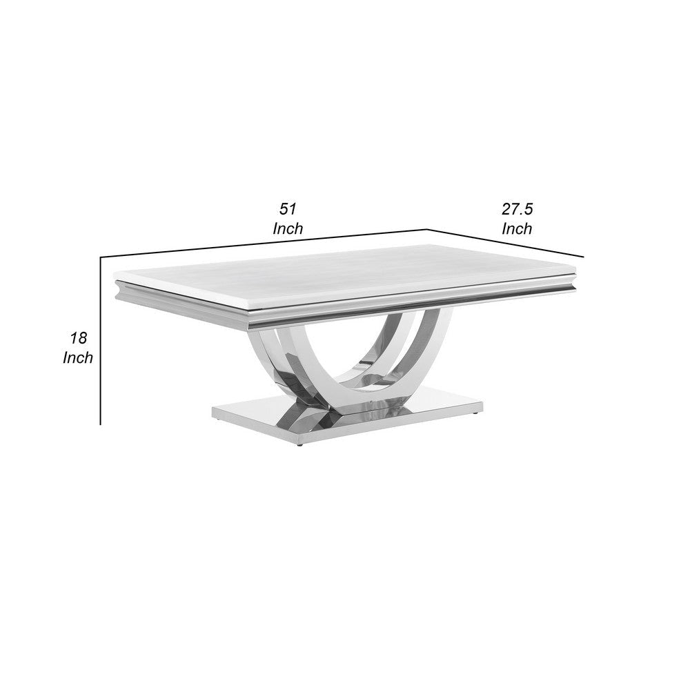 Kas 51 Inch Rectangular Coffee Table White Stone Top Polished Chrome Base By Casagear Home BM303145