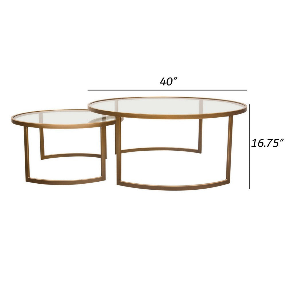 40 Inch Round Nesting Coffee Table Set Clear Glass Tops Gold Brass Frame By Casagear Home BM303155