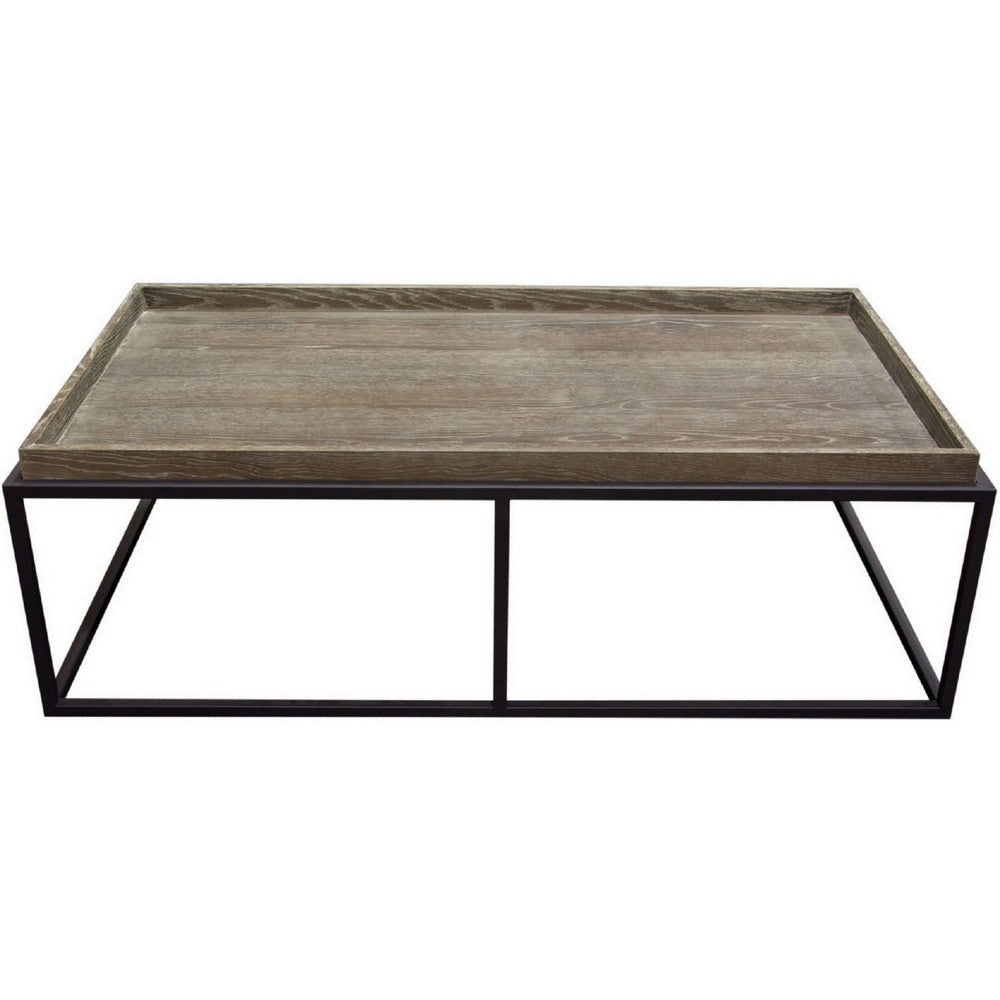 52 Inch Modern Coffee Table Raised Tray Edges Rustic Oak Brown Black By Casagear Home BM303156