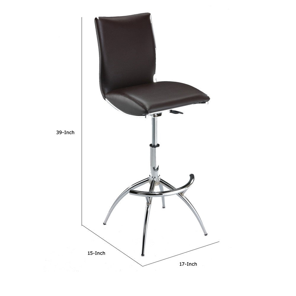 Deko 26-31 Inch Adjustable Height Barstool Chair Chrome Brown Faux Leather By Casagear Home BM304644