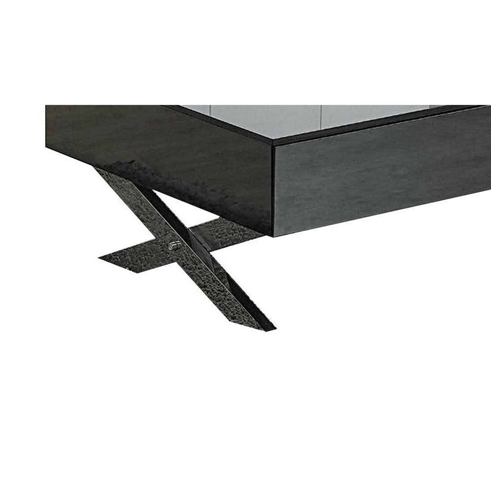 Tika 51 Inch 2 Drawer Coffee Table Mirrored Glass Top Cross Legs Black By Casagear Home BM304689