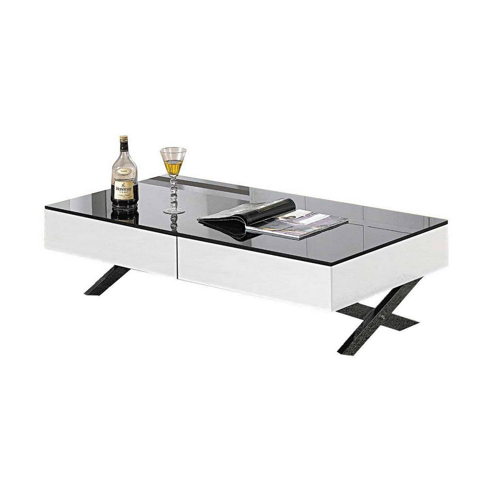 Tika 51 Inch 2 Drawer Coffee Table Black Glass Top Cross Legs White Wood By Casagear Home BM304691