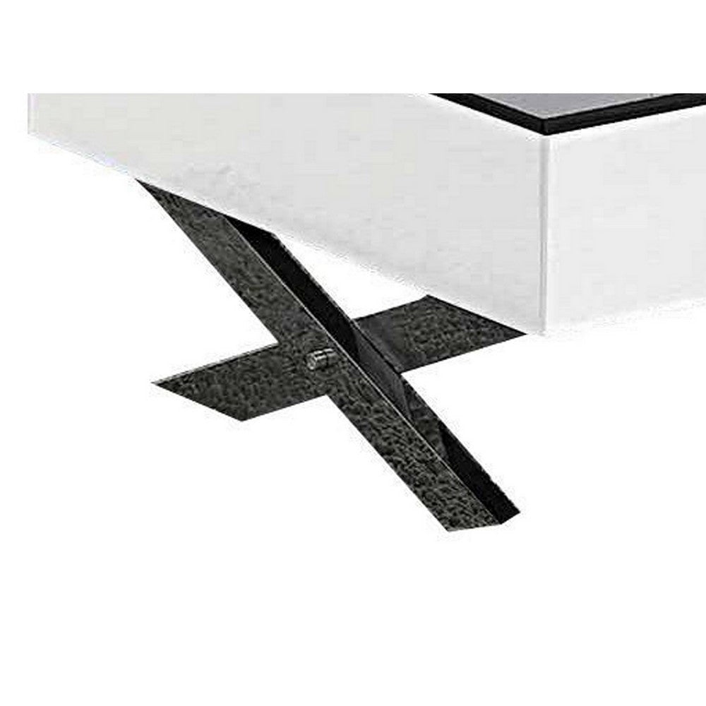 Tika 51 Inch 2 Drawer Coffee Table Black Glass Top Cross Legs White Wood By Casagear Home BM304691