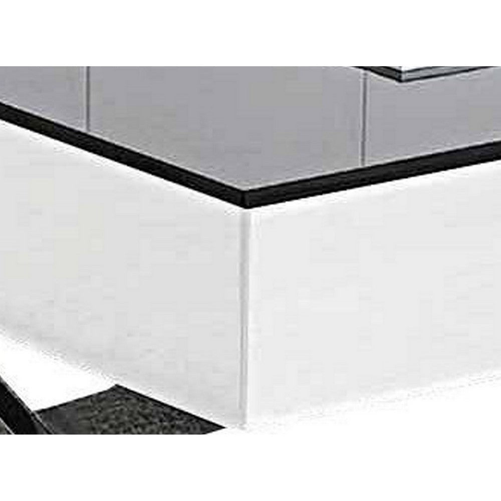 Tika 51 Inch 2 Drawer Coffee Table Black Glass Top Cross Legs White Wood By Casagear Home BM304691