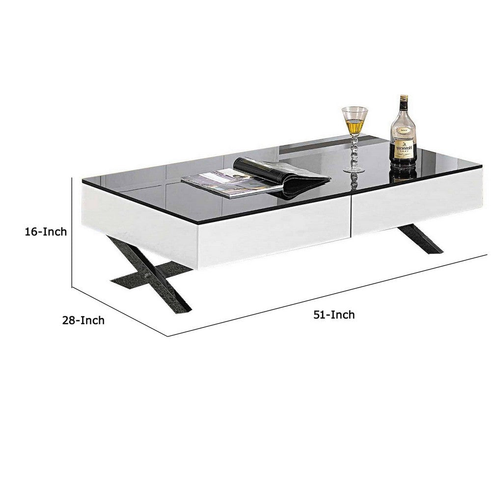 Tika 51 Inch 2 Drawer Coffee Table Black Glass Top Cross Legs White Wood By Casagear Home BM304691