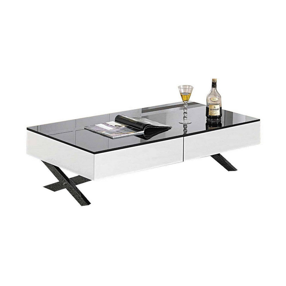 Tika 51 Inch 2 Drawer Coffee Table, Black Glass Top, Cross Legs, White Wood By Casagear Home