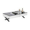 Tika 51 Inch 2 Drawer Coffee Table, Black Glass Top, Cross Legs, White Wood By Casagear Home