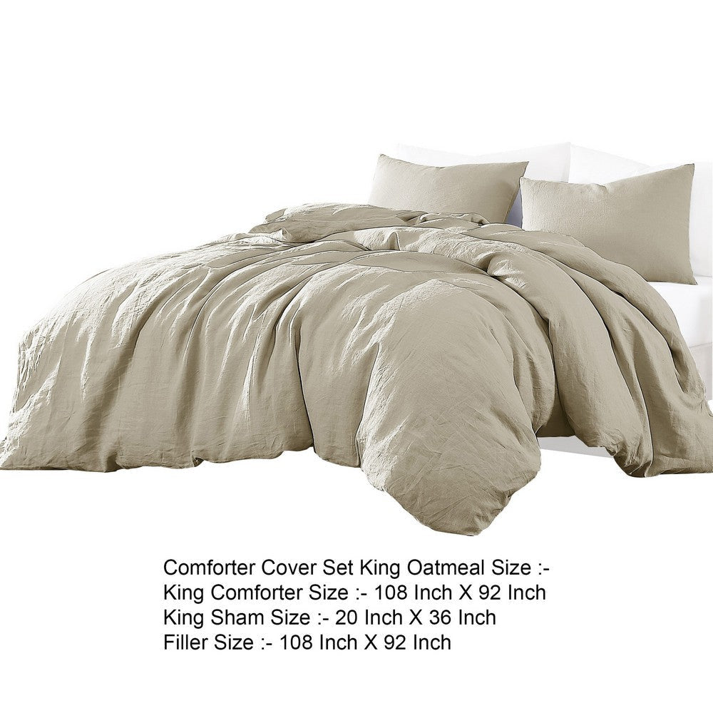 Edge 4 Piece King Size Duvet Comforter Set Washed Linen Oatmeal Beige By Casagear Home BM304713