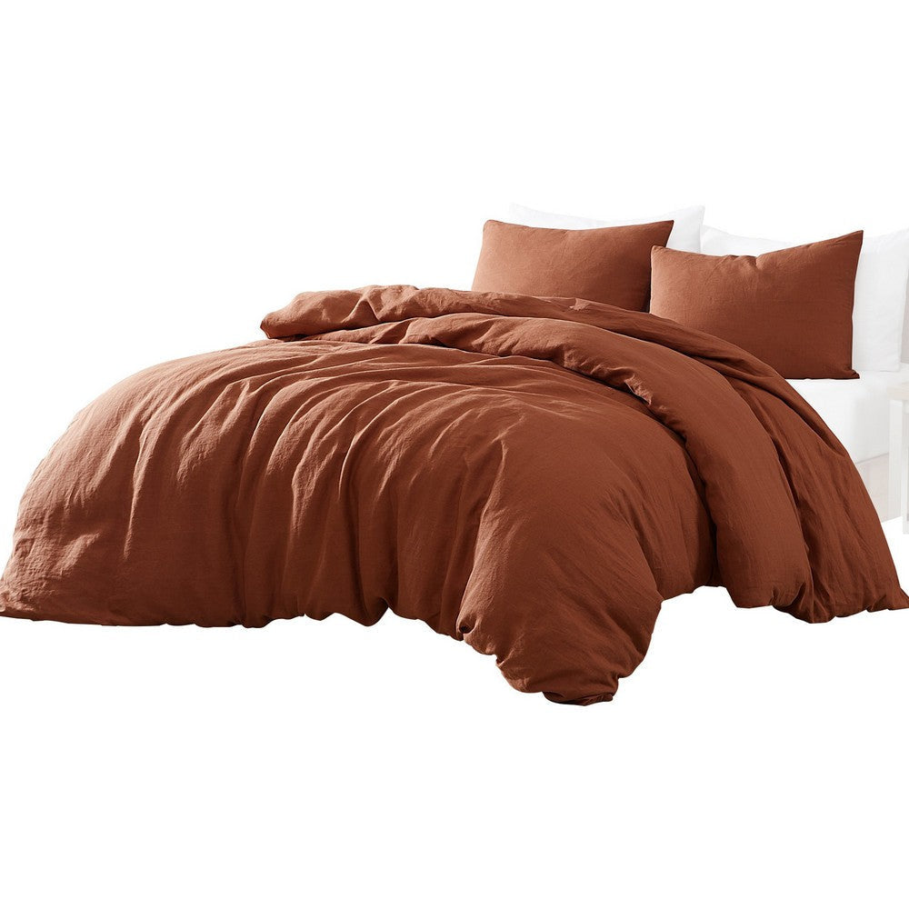 Edge 4 Piece King Size Duvet Comforter Set, Washed Linen, Rust Orange By Casagear Home