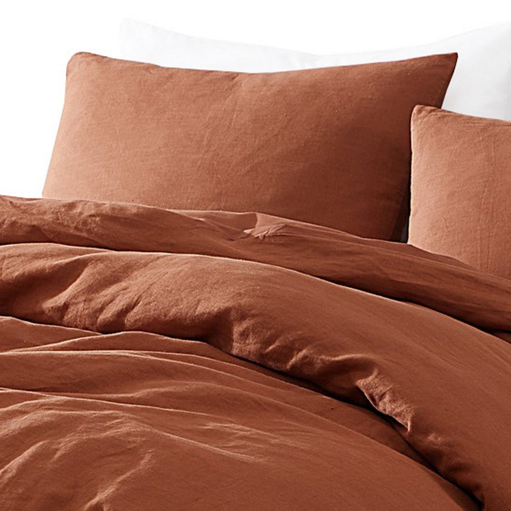 Edge 4 Piece Queen Size Duvet Comforter Set Washed Linen Rust Orange By Casagear Home BM304720