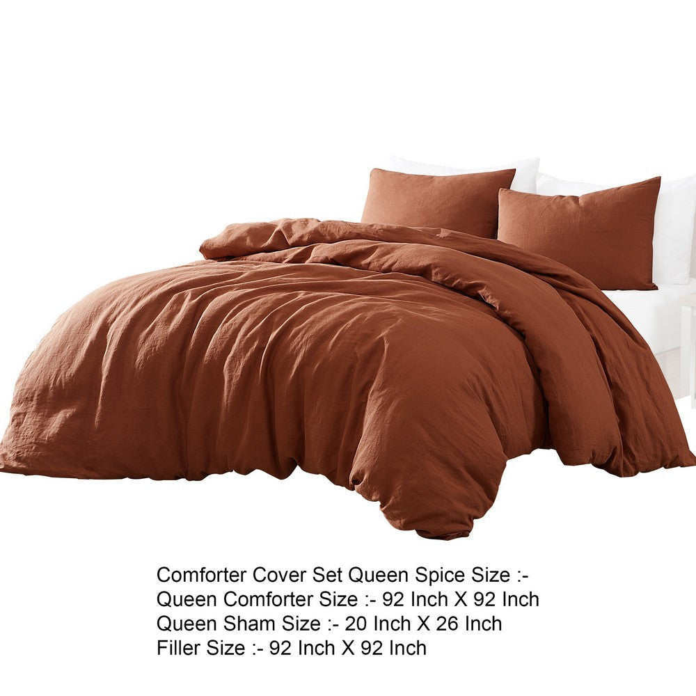 Edge 4 Piece Queen Size Duvet Comforter Set Washed Linen Rust Orange By Casagear Home BM304720