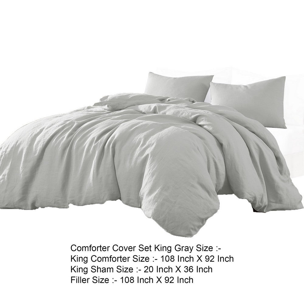 Edge 4 Piece King Size Duvet Comforter Set Washed Linen Cotton Soft Gray By Casagear Home BM304725