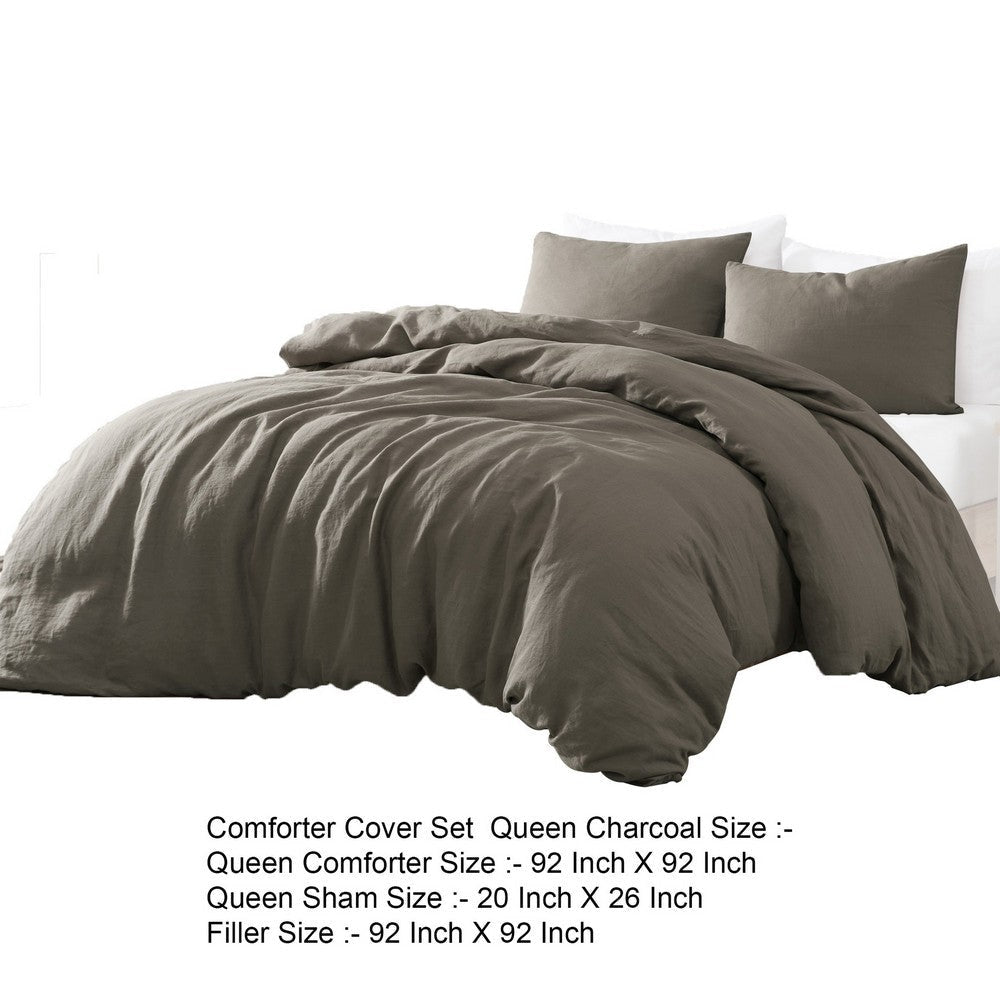 Edge 4 Piece Queen Size Duvet Comforter Set Washed Linen Charcoal Gray By Casagear Home BM304729