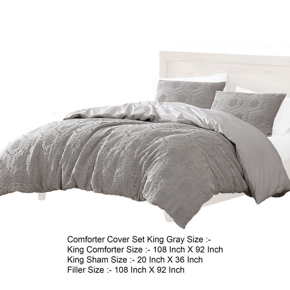 Tia 4 Piece King Size Duvet Comforter Set Geometric Waffle Pattern Gray By Casagear Home BM304733