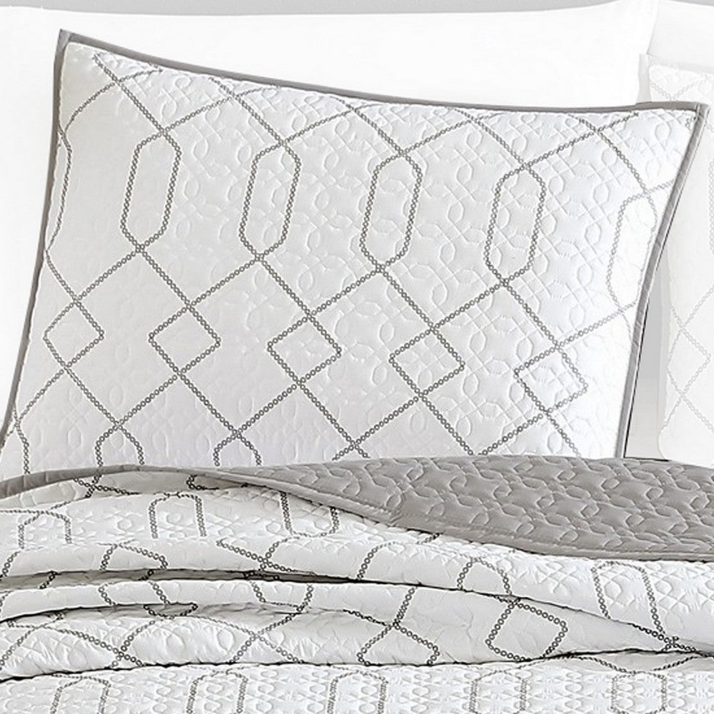 Jim 2 Piece Twin Size Reversible Coverlet Set Geometric White and Gray By Casagear Home BM304759