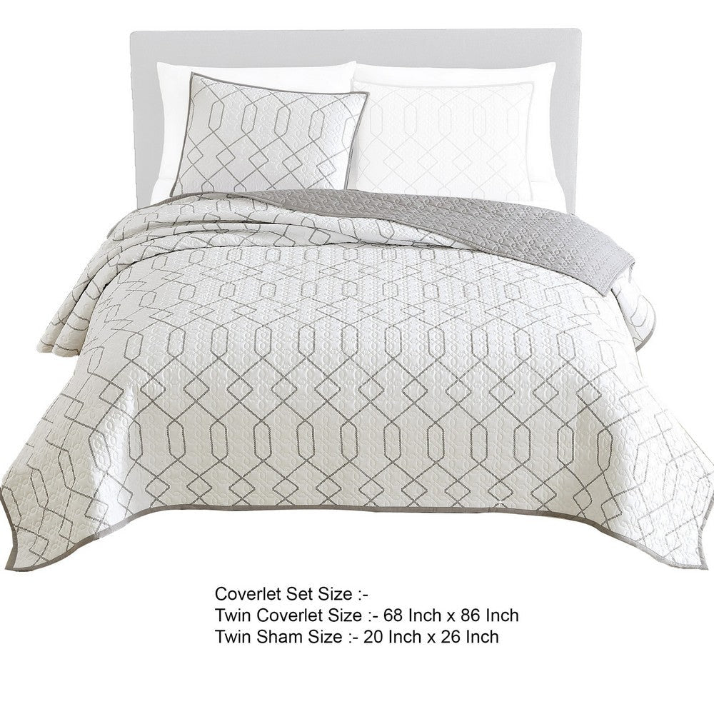 Jim 2 Piece Twin Size Reversible Coverlet Set Geometric White and Gray By Casagear Home BM304759